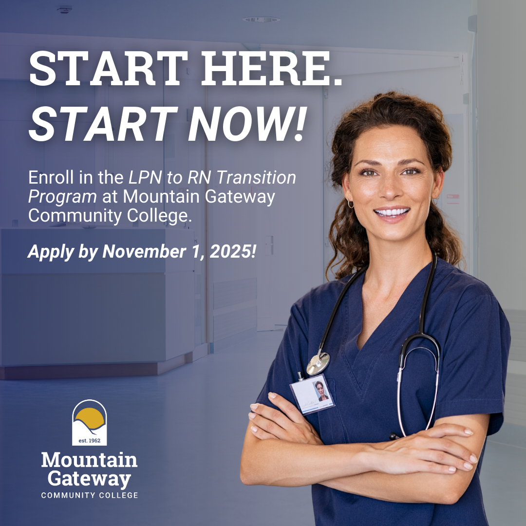 Mountain Gateway Community College is now accepting applications for the LPN to RN Transition Pathway, starting in January 2026. The application deadline is November 1, 2025. 

Learn more: mgcc.edu/lpn-rn-transit…