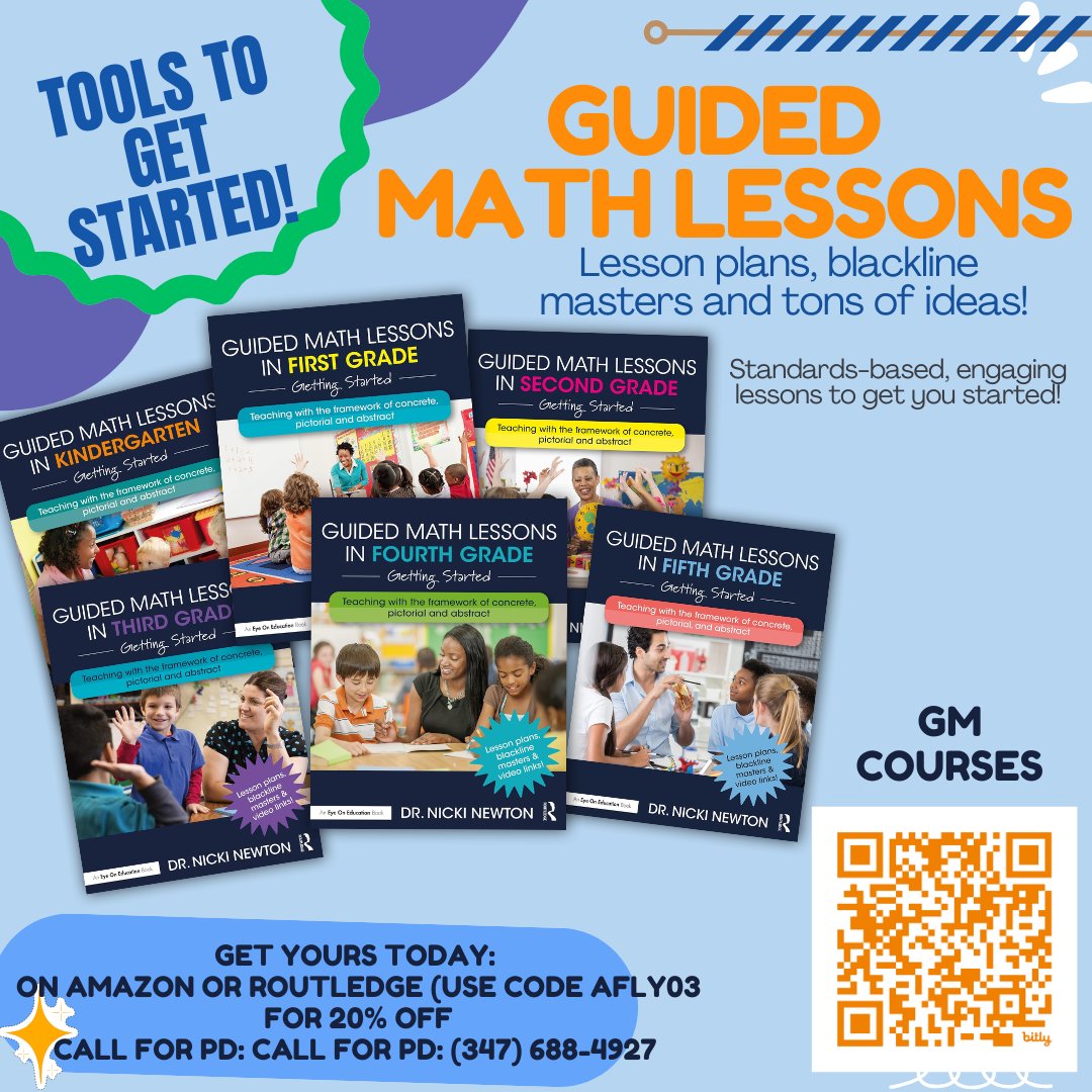 drnickimath's tweet image. 🚀 Ready to kick off Guided Math in your classroom?
📚 Lesson plans, blackline masters & TONS of ideas—K–5!
✨ Standards-based, engaging & easy to implement.
👉 Grab yours on Amazon/Routledge (20% off w/ code AFLY03)
Take a k-2 or 3-5 course for ceu's or credit.
#GuidedMath…