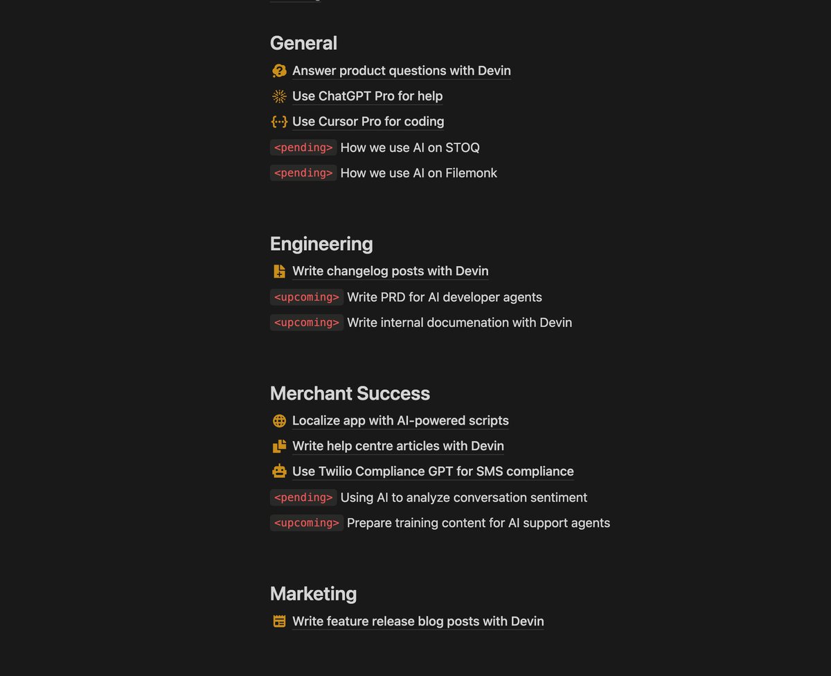 while the world has moved onto Claude Code, we're still saving a ton of time with Devin. :) every few weeks, i write up new workflows for the team with AI tools - and Devin is now tightly integrated into a lot of them.

in general, everyone across the team - from marketing to