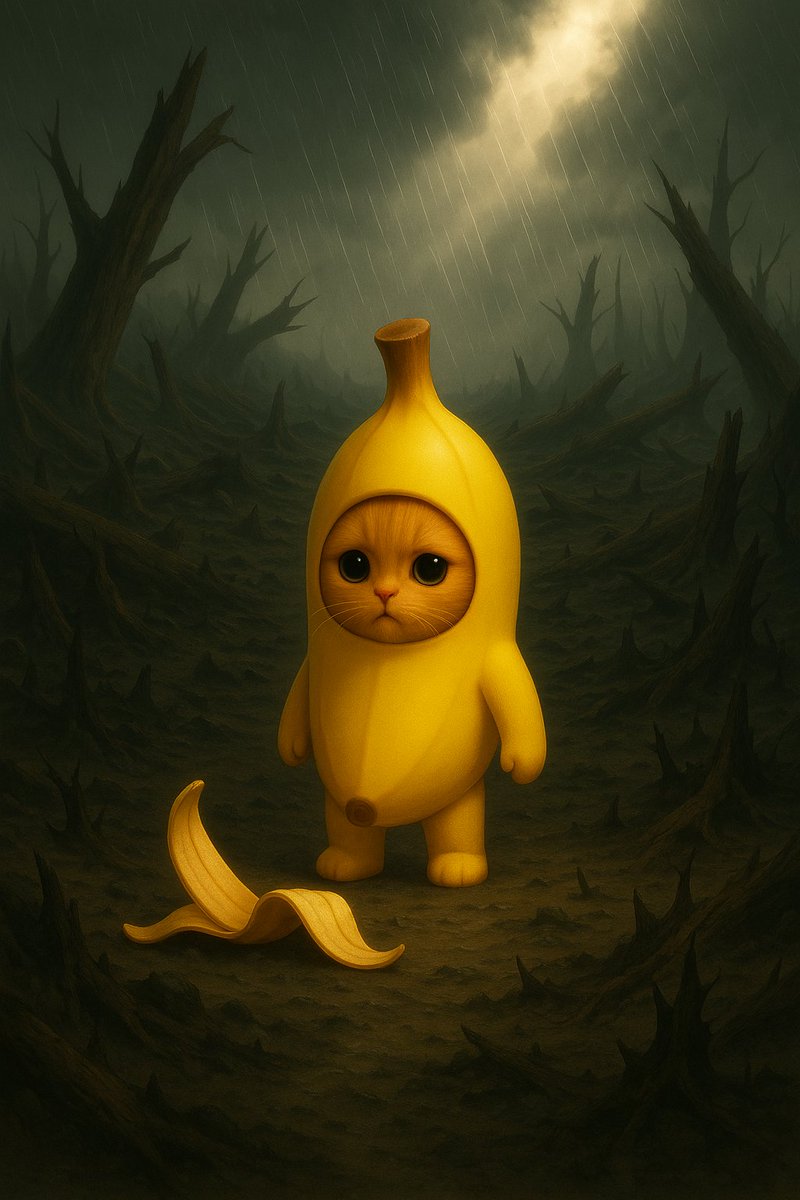 banmao_X's tweet photo. $BANMAO Chap 1.3
For seven days and nights, the little cat survived only on the flesh of a single golden banana – the final gift bestowed by the Creator. On the seventh day, the banana was gone, leaving behind nothing but an empty peel. Yet in that very moment, Banmao’s eyes were opened. His spirit awakened, and he understood: life is not a given, but a sacred grace for those who cherish it.

Banmao clothed himself in the banana peel. Not for warmth, but as an eternal covenant – a vow between survival and gratitude. From that moment, he was no longer just a small cat, but a living symbol of hope and rebirth.

And so, among the creatures of the earth, a legend was spoken:
Mankind had Noah and the Ark to endure the Great Flood.
The beasts had Banmao – the golden banana cat, the living sign of survival after the deluge.

Thus Banmao became more than a creature. He became proof that even in the ashes of loss, life can rise again. He became a flame of inspiration, showing that no matter how small, one can still stand as an eternal emblem of difference, of gratitude, and of hope.
.....
-Buy $banmao at address: 0x16d91d1615fc55b76d5f92365bd60c069b46ef78
- Donate a little $banmao to burn at address: 0x92809f2837f708163d375960063c8a3156fceacb
#banmao #okx #xlayer #banana #cat #noah
