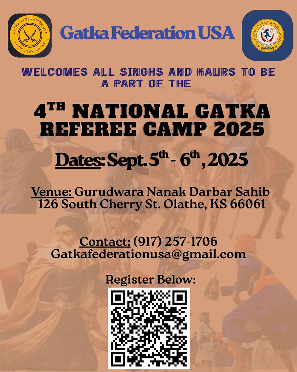 Gatka Federation USA  is organizing its 4th US National Gatka Referee workshop cum Camp at Kansas under the aegis of <a href="/WORLDGATKAFED/">World Gatka Federation Official</a> from Sept 5-6th,2025. This year KS Gatka Asso is hosting this event. Please scan the barcode and ensure your presence #Gatka #WGF #USA #Sikhs