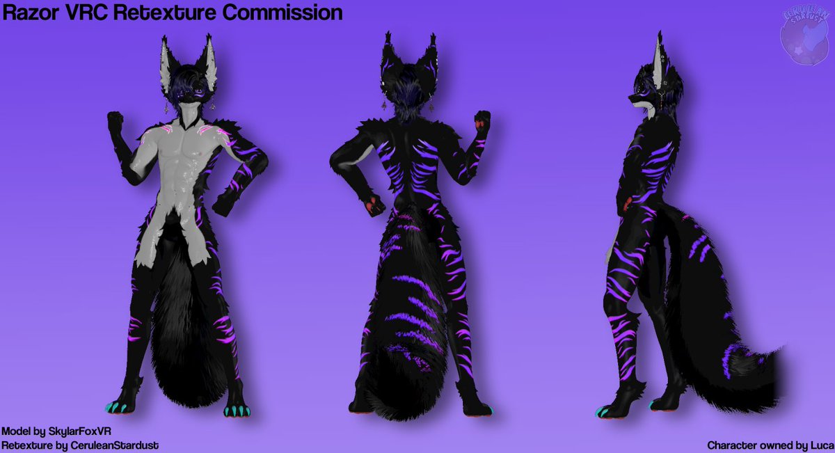 Finished retexture commission for Luca.

Base model by <a href="/SkylarFoxVR/">SkylarFoxVR || Avi Modeler</a>.

Reposts appreciated to spread my work around! 💫
C0mmissi0ns - ceruleanscreations.weebly.com