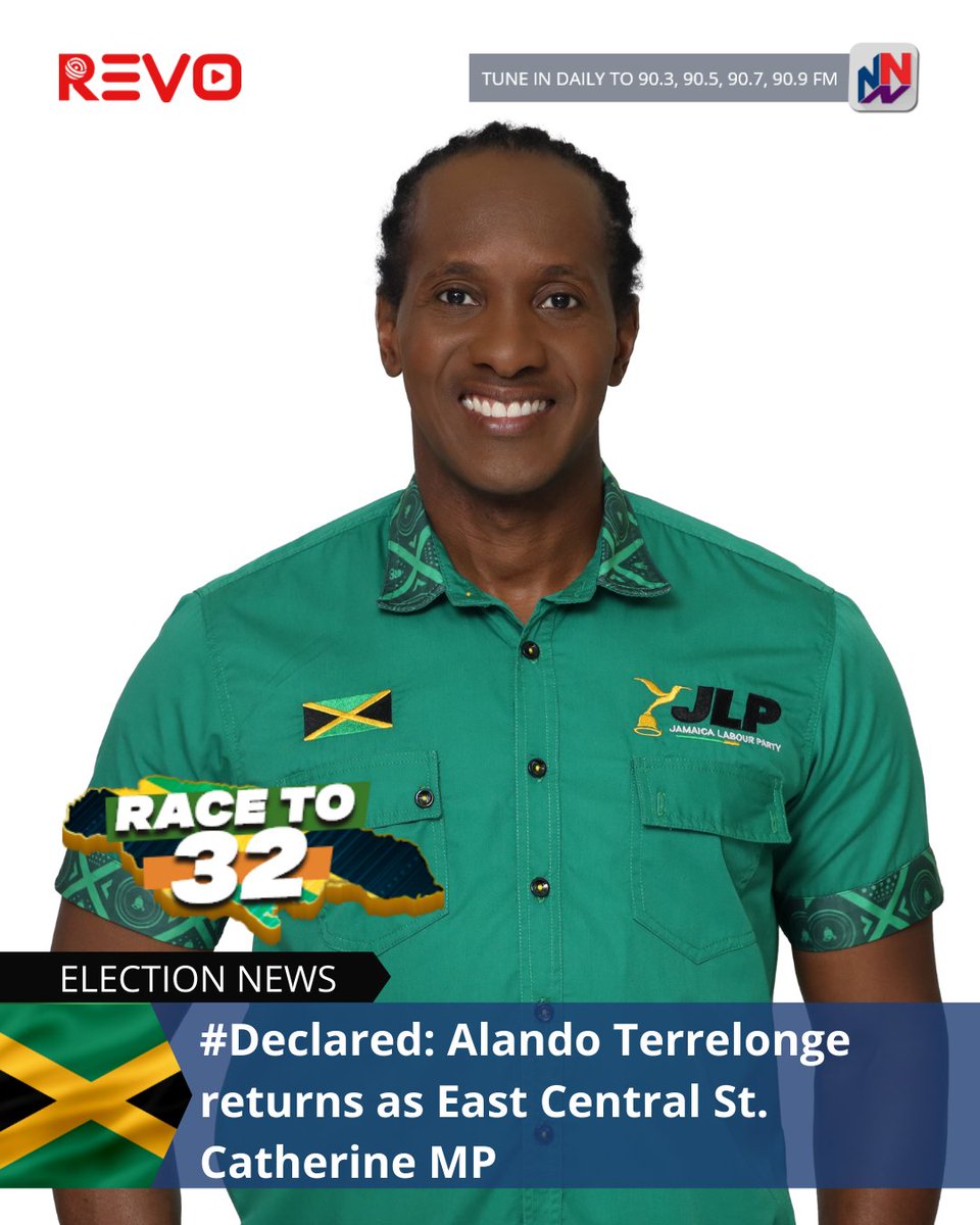 NationwideRadio's tweet photo. Alando Terrelonge secures victory for East Central St. Catherine.

Terrelonge won 6,364 votes. He ran against the PNP's Raymond Pryce.

He now qualifies as the longest serving MP in the constituency, which he first won in 2016.

#RaceTo32 #Nationwide #Revo https://t.co/MxTJCPlnTM