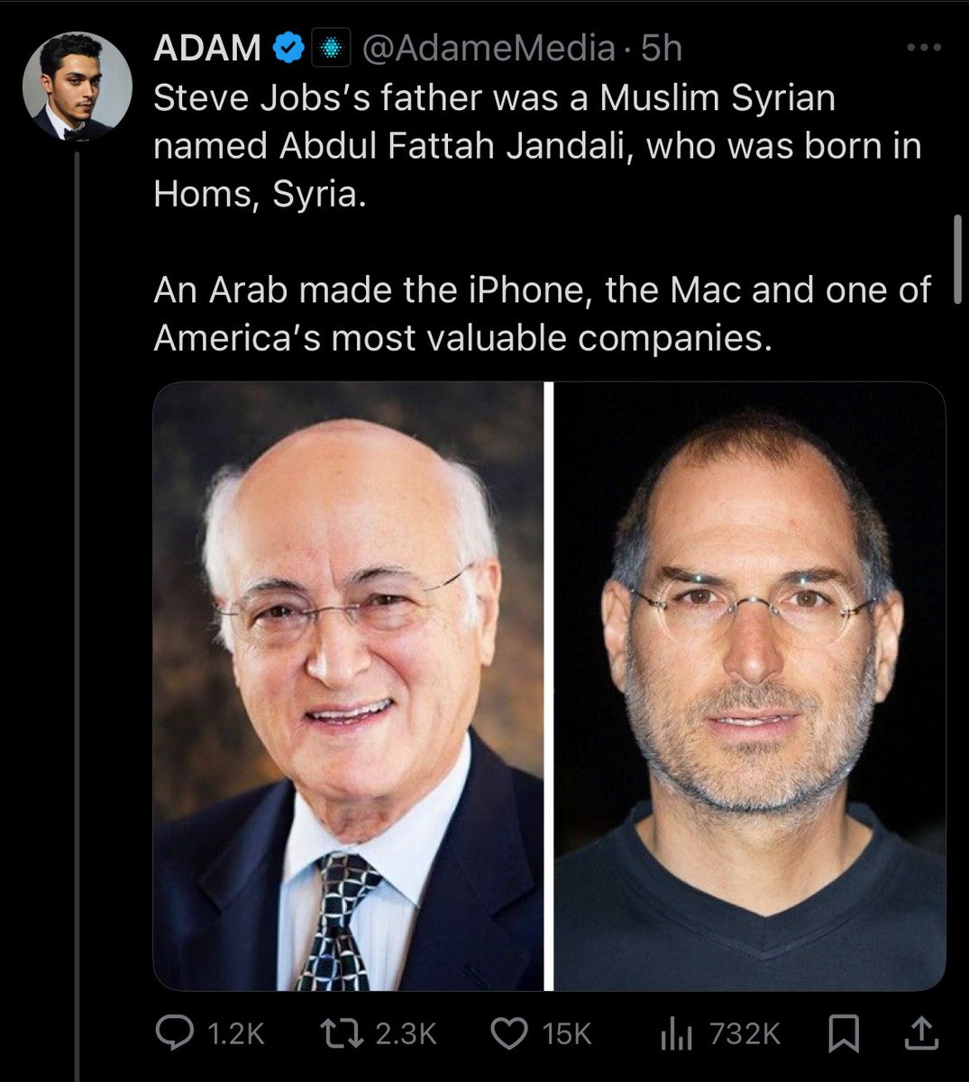 harukaawake's tweet image. Steve Jobs wasn&apos;t &quot;an Arab who made the iPhone&quot;.

He was adopted at birth &amp;amp; raised by an American family. His Syrian father had zero role in his life. Jobs never identified as Muslim or Arab. 

And finally, Apple is a product of Silicon Valley, not Damascus.