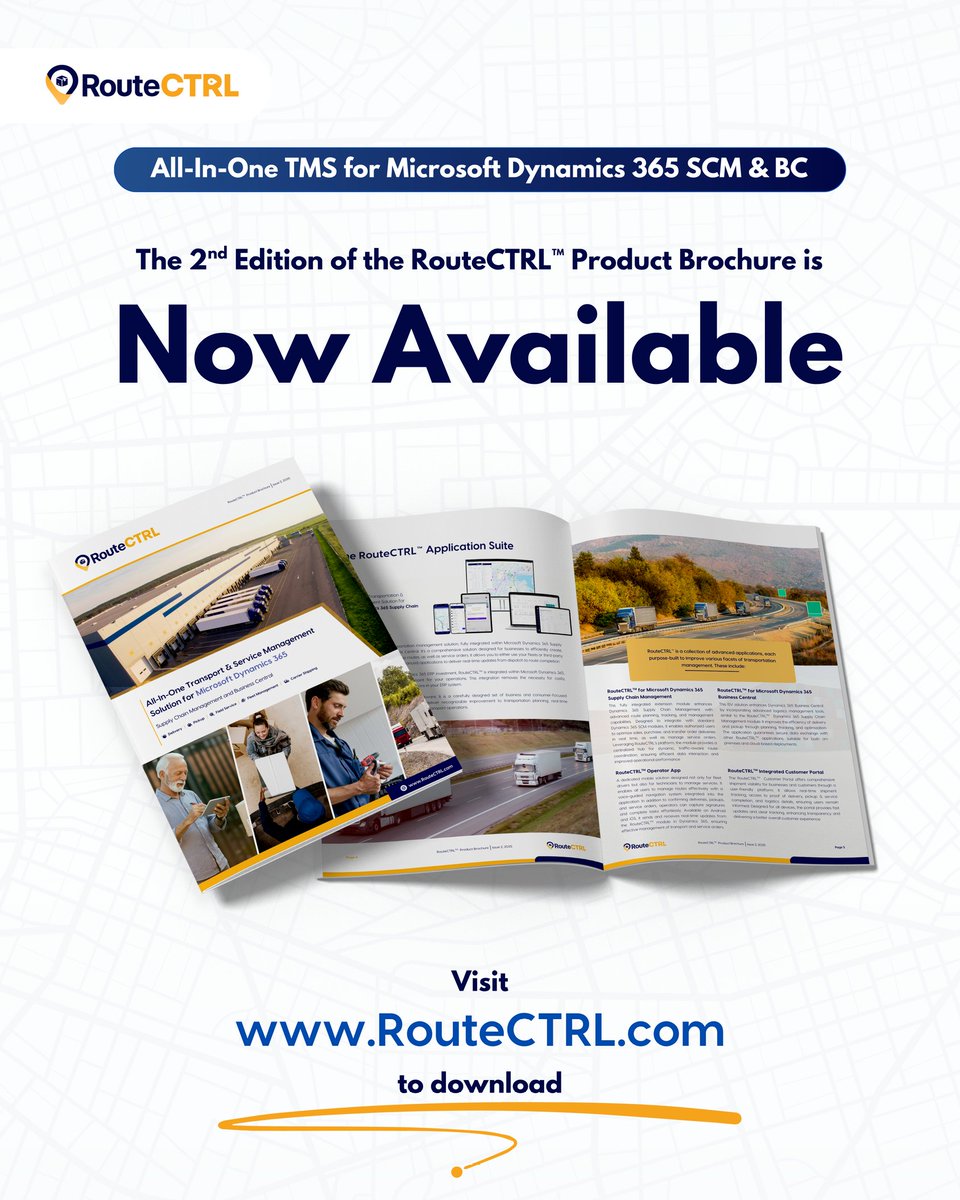MarkliteHQ's tweet photo. 🚀 The 2nd Edition of the RouteCTRL™ Brochure is here!
Built for Dynamics 365 SCM &amp; BC, RouteCTRL™ brings your transport and service operations into one connected platform.

Explore the latest features, real use cases, a licensing guide, and more.
👉https://t.co/7sKYW1lpSW https://t.co/AfysBaZ6Zc