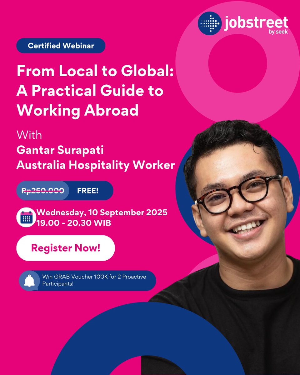 Pengen kerja di Australia karena UMR-nya tinggi, tapi belum tahu caranya? Pas banget! KarirKu by Jobstreet berkolaborasi dengan speaker asal Australia, yang mau bagi tips berkarier di sana.

📌 Daftar &amp; Ikuti Persyaratannya di Link Ini: 
bit.ly/webinar-gantar…

📩Periode