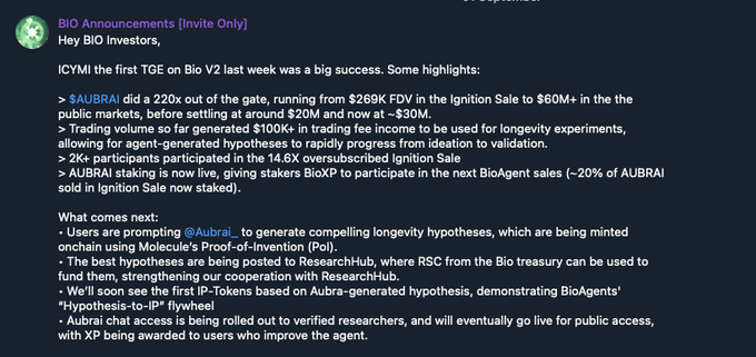 Sharing some alpha from an update <a href="/BioProtocol/">Bio Protocol</a>
sent to all strategic $BIO investors yesterday:  

Beyond the strong $AUBRAI performance so far, it’s exciting to see how much is being worked on, and what’s already in the pipeline: