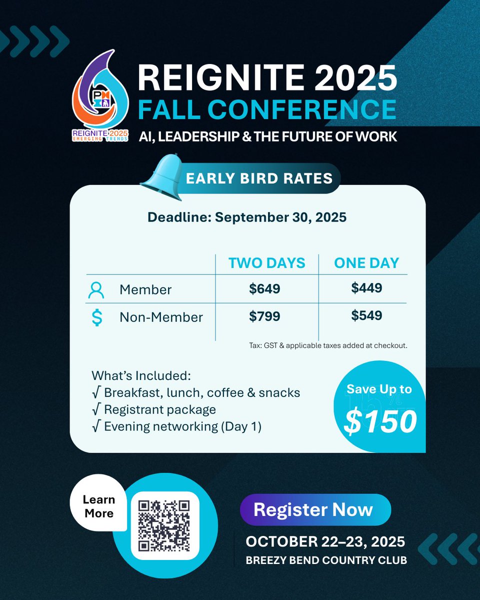 Early Bird Registration is Now Open!

Event Dates: October 22–23, 2025
Location: Breezy Bend Country Club, Winnipeg
Theme: AI, Leadership &amp; The Future of Work

Register Now:pmimanitoba.org/reignite-2025

#PMIManitoba #Reignite2025