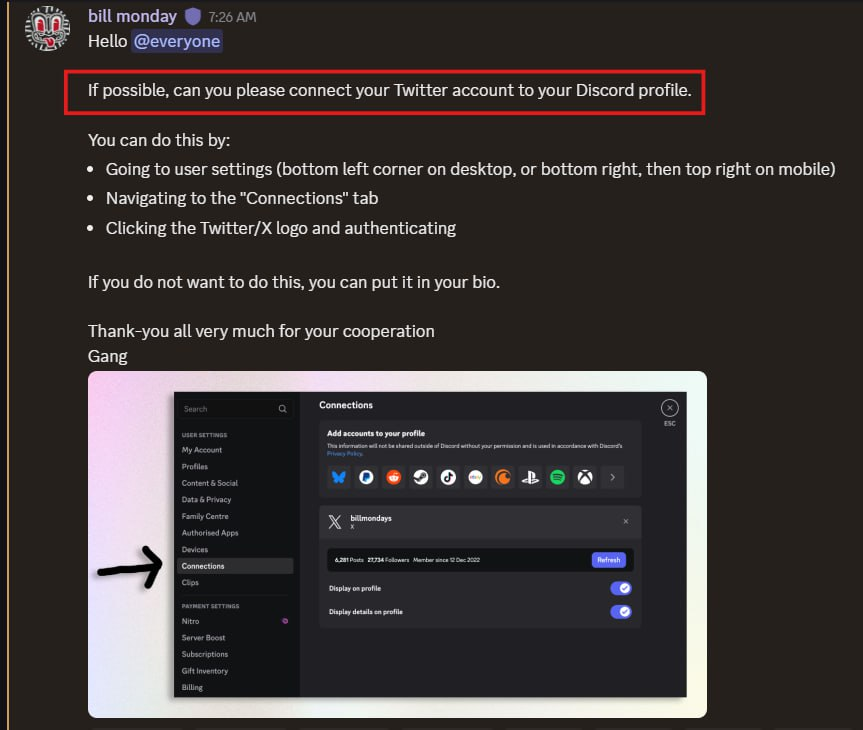 ching414's tweet photo. update @monad 

Mainnet is coming soon, team asks everyone to connect Twitter to Discord

✅ How to do:
Open Discord → Settings
Go to Connect
Select the X icon
Link Twitter account
If you don't want to connect, you can write the username X in the Discord bio, https://t.co/tWms1ZxB3z