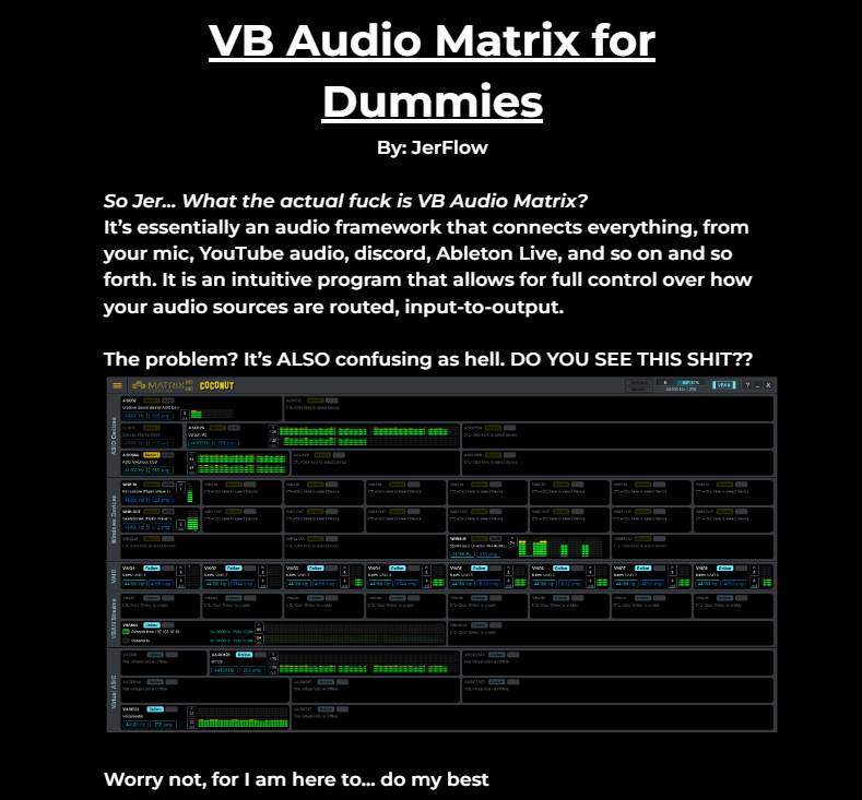 Aight you VSingers and VTubers who want a low-latency karaoke experience
'Tis the season of giving in the Philippines, so lemme gift you all something nice

I wrote a manual for setting up VB Audio Matrix with Ableton so you don't have to suffer like I did
docs.google.com/document/d/1qm…