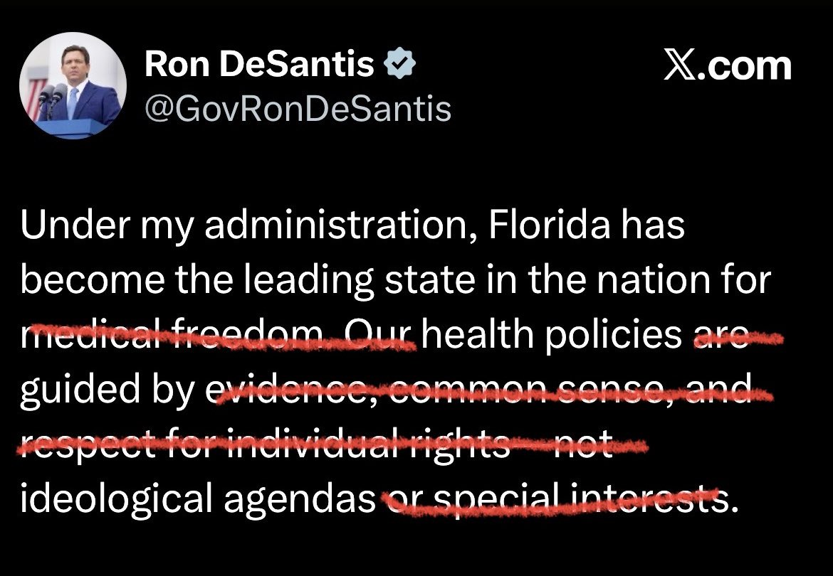 Fixed Gov. DeSantis’ tweet below. “Freedom” and “individual rights” are ideological agendas. His ignorance of English matches his ignorance of science.
