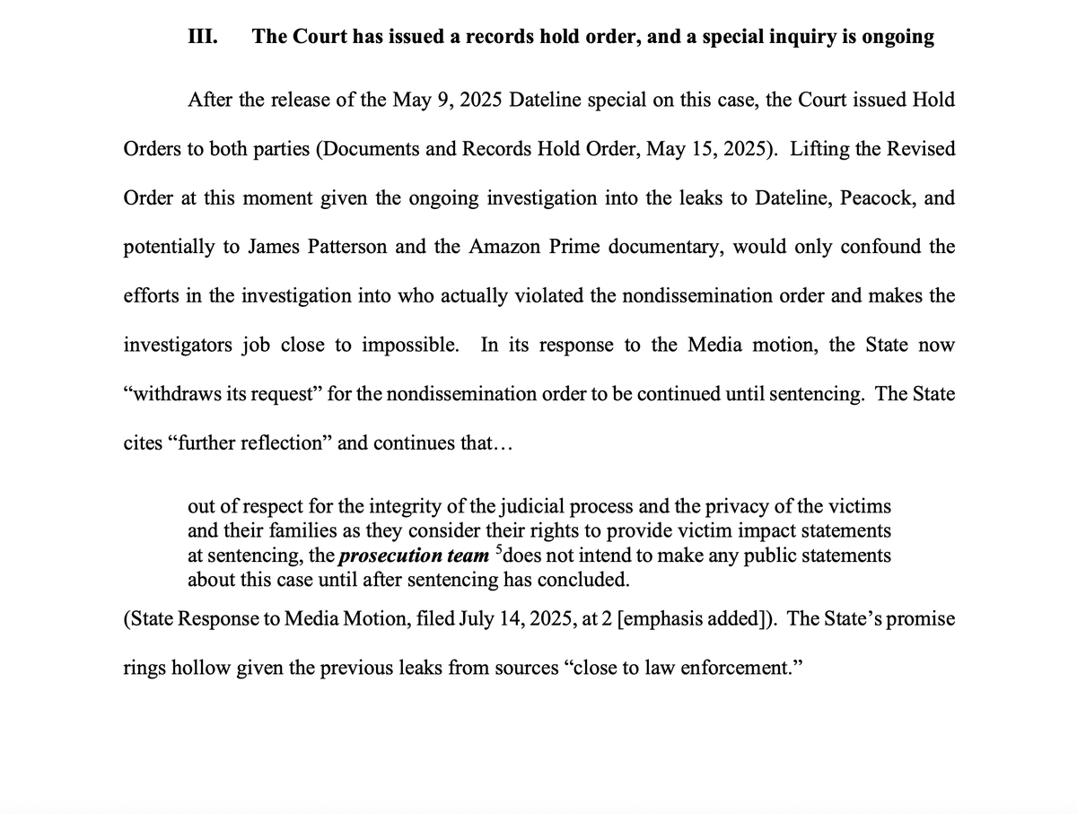 rise4thespiral's tweet photo. Here is a portion of a newly #unsealed document filed by #AnneTaylor in opposition to the gag order being lifted prior to sentencing.
Just confirmation that the #leak is being investigated. I'm assuming this is the "active/ongoing investigation" that's been referenced a few times.
I wish I knew if this was the same "active/ongoing investigation" that the #FBI used as a reason for denying #FOIA requests.
#idaho4 #unsealedrecords #kohberger #bryankohberger