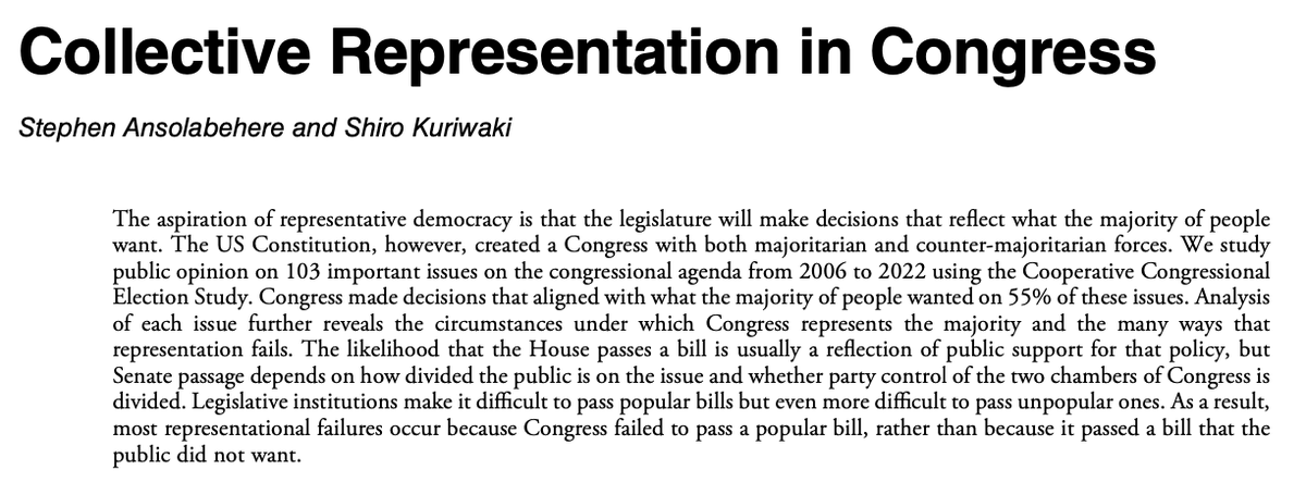 How often do final Congressional decisions on key votes reflect public opinion, and what does that tell us about Congress as a legislative institution? Our collective representation piece now has a home in Perspectives on Politics. (1/n)