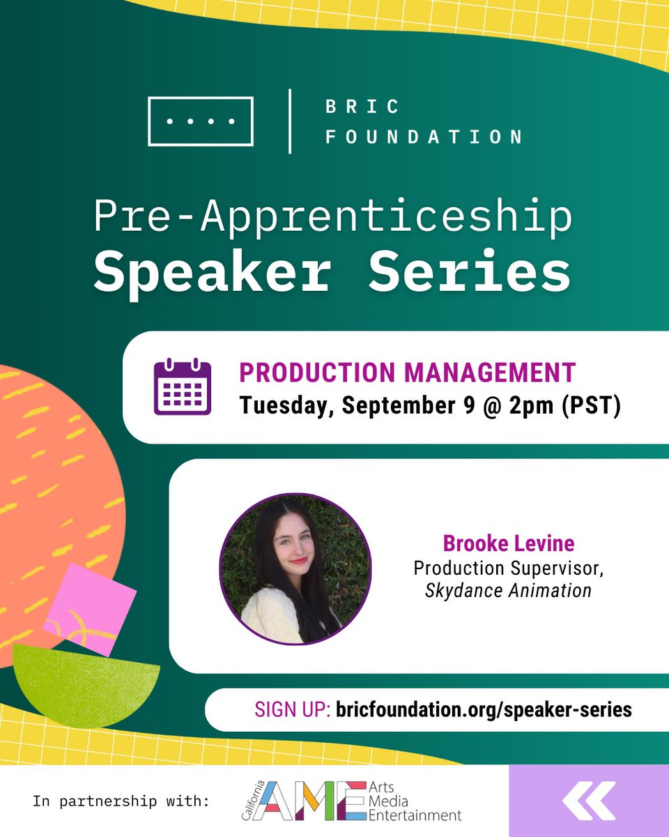 BRIC's free Pre-Apprenticeship Speaker Series is back 9/9! Join <a href="/skydanceanim/">Skydance Animation</a> 's Brooke Levine for an inside look at Production Management for Feature Animation. 

🗓️Tues 9/9 at 2pm (PST)
🔗 bricfoundation.org/speaker-series