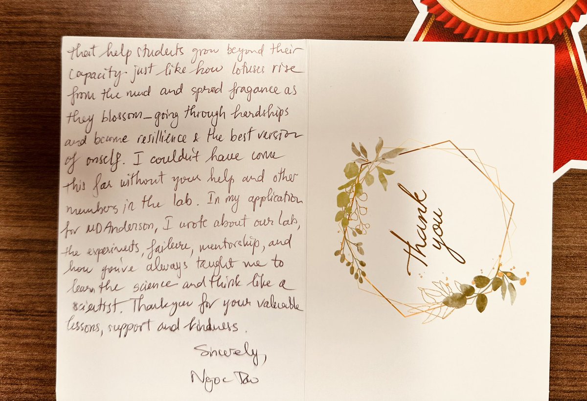 Honored to receive the Best Mentor Award &amp; deeply moved by this heartfelt letter from my UM undergraduate student Ngoc Tao. Its great to know that she also learned resilience, critical thinking &amp; compassion to become the next generation of scientists🌟 #Mentorship #CancerResearch
