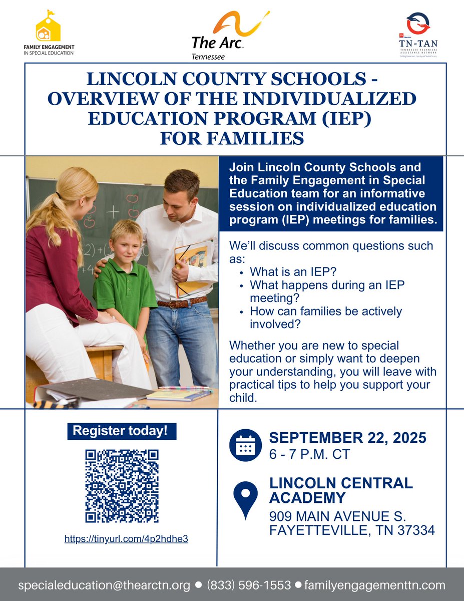 Join Lincoln County Schools and the Family Engagement in Special Education team for an informative session on individualized education program (IEP) meetings for families.

Register Here! familyengagementtn.com/event/fayettev…