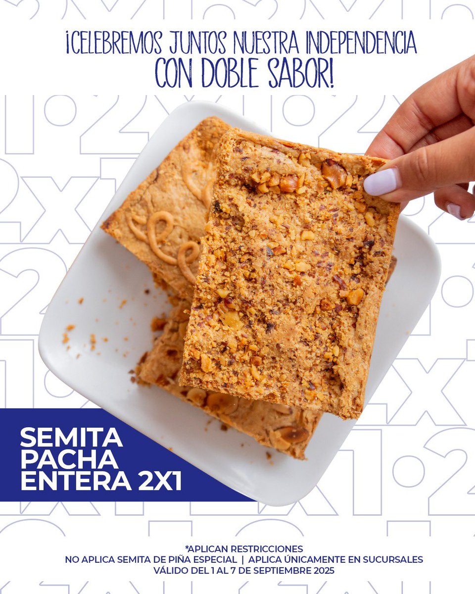 Si es cierto, estaremos 2x1 todo el mes 😉
Esta semana disfruta de semita 2x1

Restricciones: 
*Valido del 1 al 7 de sept 2025
*Solo aplica a semita pacha entera
*Hasta agotar existencias
*Pagos en efectivo o tarjeta
*No aplica semita de piña especial 
*Solo aplica en sucursales