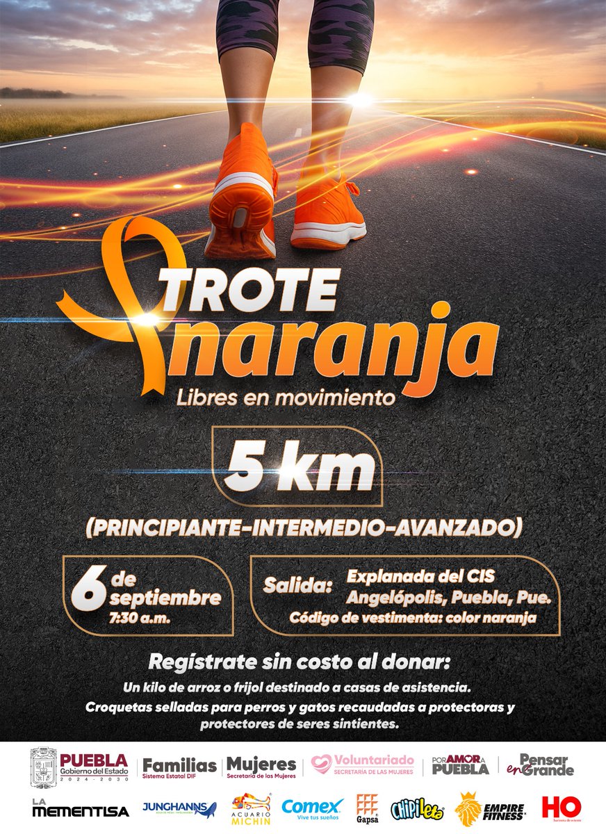 💜🧡 Este 6 de septiembre te invitamos a participar en el Trote Naranja: Libres en movimiento.

📍 Explanada del CIS, Angelópolis
⏰ 7:30 a.m. | Distancia: 5 km (principiante, intermedio y avanzado)
🧡 Viste de color naranja y únete a esta causa.