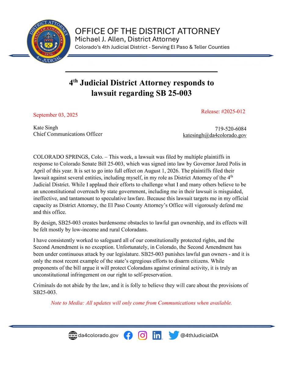 A lawsuit was filed this week in response to Colorado Senate Bill 25-003 which is set to go into full effect on 8/1/26. The plaintiffs filed their lawsuit against several entities, including myself, in my role as DA of the 4th Judicial District. My full response is attached.
