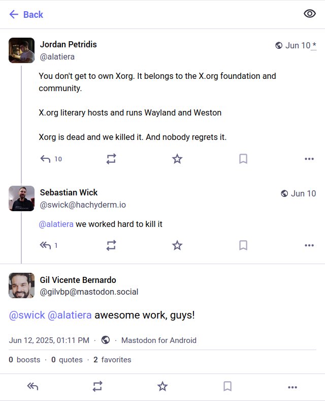 LundukeJournal's tweet image. Reminder:

Red Hat, GNOME, and FreeDesktop all deliberately worked to kill the Open Source Xorg — and even attempted to prevent others from working on it.

“We worked hard to kill it.”
- Red Hat