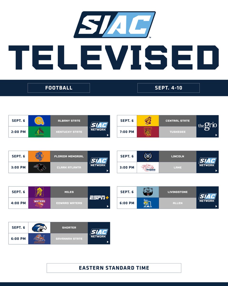 𝐖𝐡𝐞𝐫𝐞 𝐭𝐨 𝐖𝐚𝐭𝐜𝐡: 📺🏈
Tune in this week to catch all the action!

- Kentucky State vs Albany State, SIAC Network 

- Clark Atlanta vs Florida Memorial, SIAC Network

- Edward Waters vs Miles, ESPN+

- Savannah State vs Shorter, SIAC Network

- Tuskegee vs Central