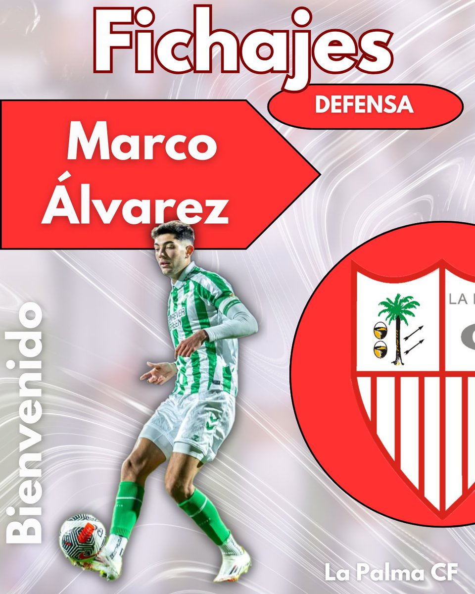 ‼️Atención‼️. Anunciamos un nuevo jugador para la zaga palmerina. Marco procede del Real Betis c donde destacó por su contundencia, un central joven con ganas de progresar. Le deseamos lo mejor y que disfrute de La Palma CF y de su afición. ⚽️⚪️🔴💪.