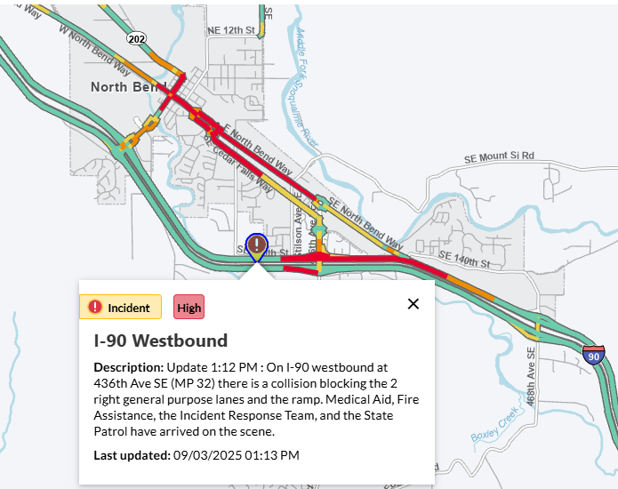 UPDATE 2:  On westbound I-90 at 436th Ave SE (MP 32), the collision is still blocking the two right lanes and the on-ramp.

Continue to drive with caution and consider seeking an alternative route.