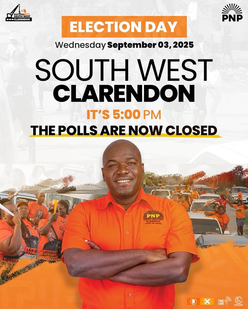 lothancousinsja's tweet photo. The polls are now closed. However, if you’re already in line, please stay, as you will be allowed to vote.

Thank you all for continuing to #CountOnLothan for a second term🧡✊🏾

#JamaicaTimeCome 
#BuildingSWClarendon https://t.co/Bzxd2ulfvp