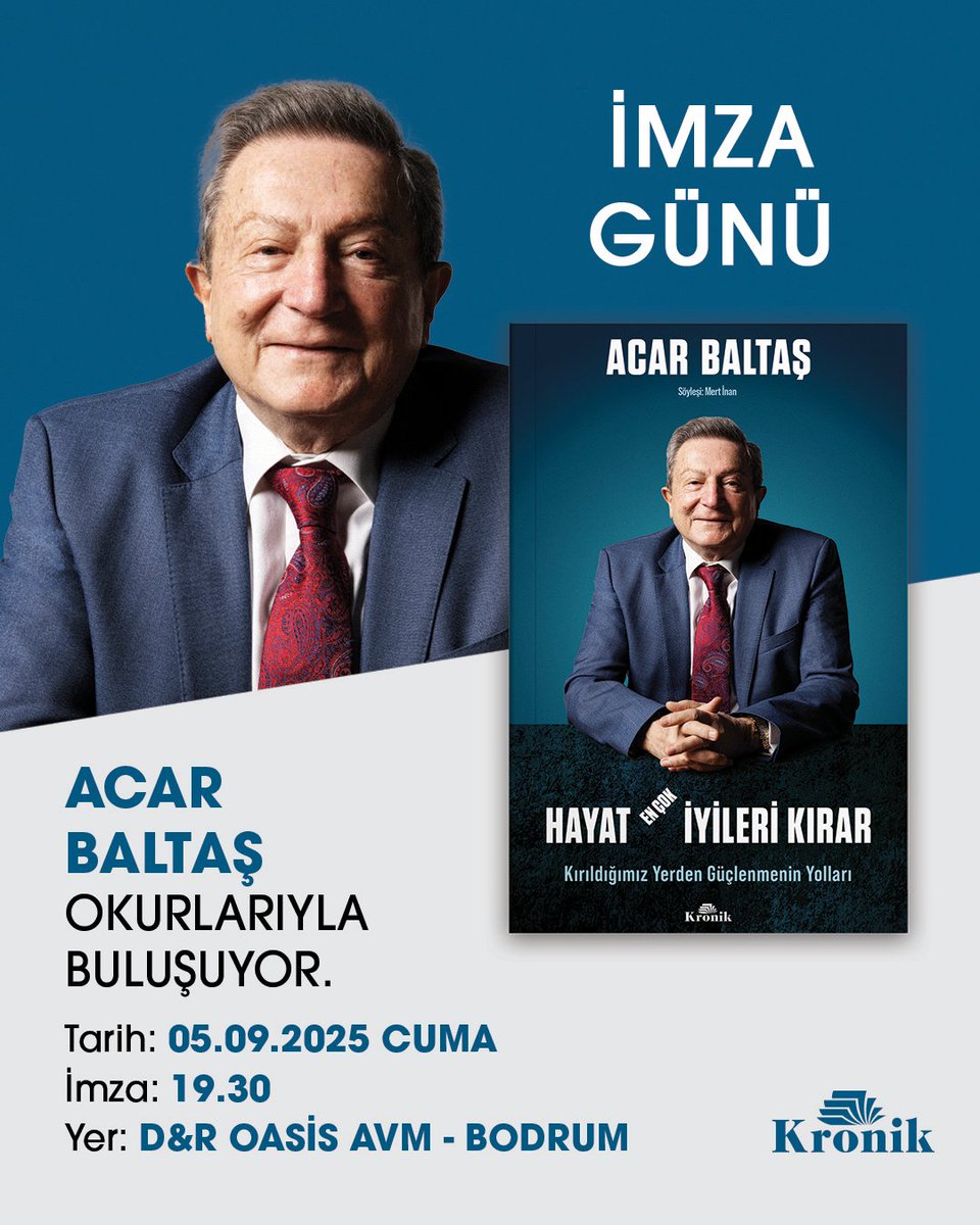BODRUM | Yazarımız Acar Baltaş (<a href="/acarbaltas/">Acar Baltaş</a>), 5 Eylül Cuma günü Bodrum Oasis AVM - D&amp;R mağazasında okurlarıyla buluşuyor, kitaplarını imzalıyor.

🔗: kronikkitap.com/kitap/hayat-en…