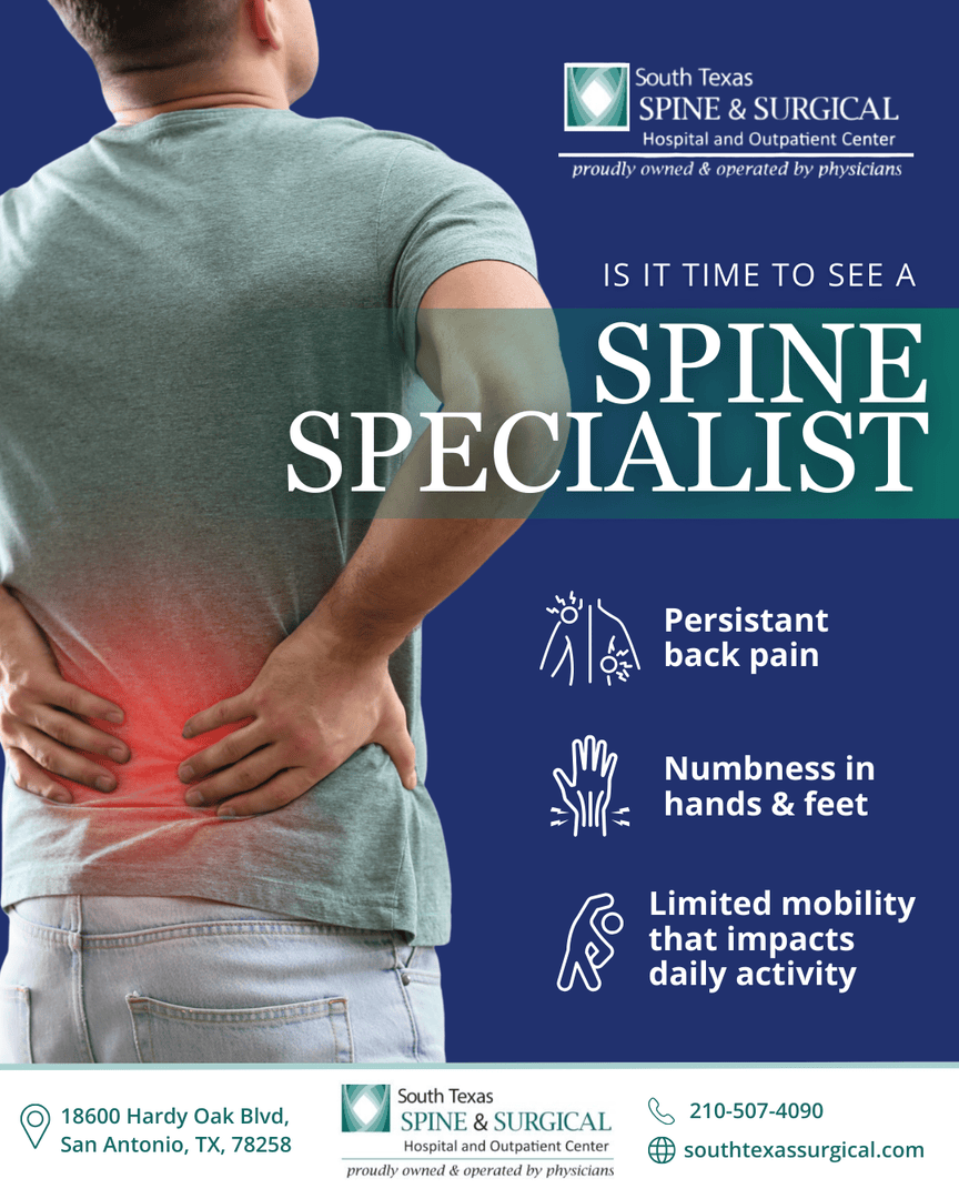 STSSHTX's tweet photo. At South Texas Spine &amp; Surgical Hospital, we understand that knowing when to seek help is just as important as preventing pain. 

If you’ve noticed any of these symptoms, our team is here to guide you toward a healthier, more comfortable spine.

Schedule your consultation today! https://t.co/N3qs2Msfcc