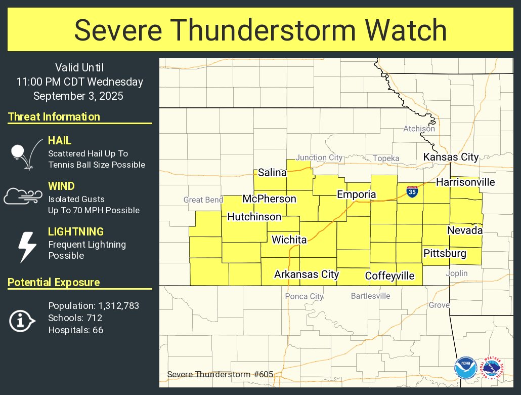 A severe thunderstorm watch has been issued for parts of Kansas and Missouri until 11 PM CDT