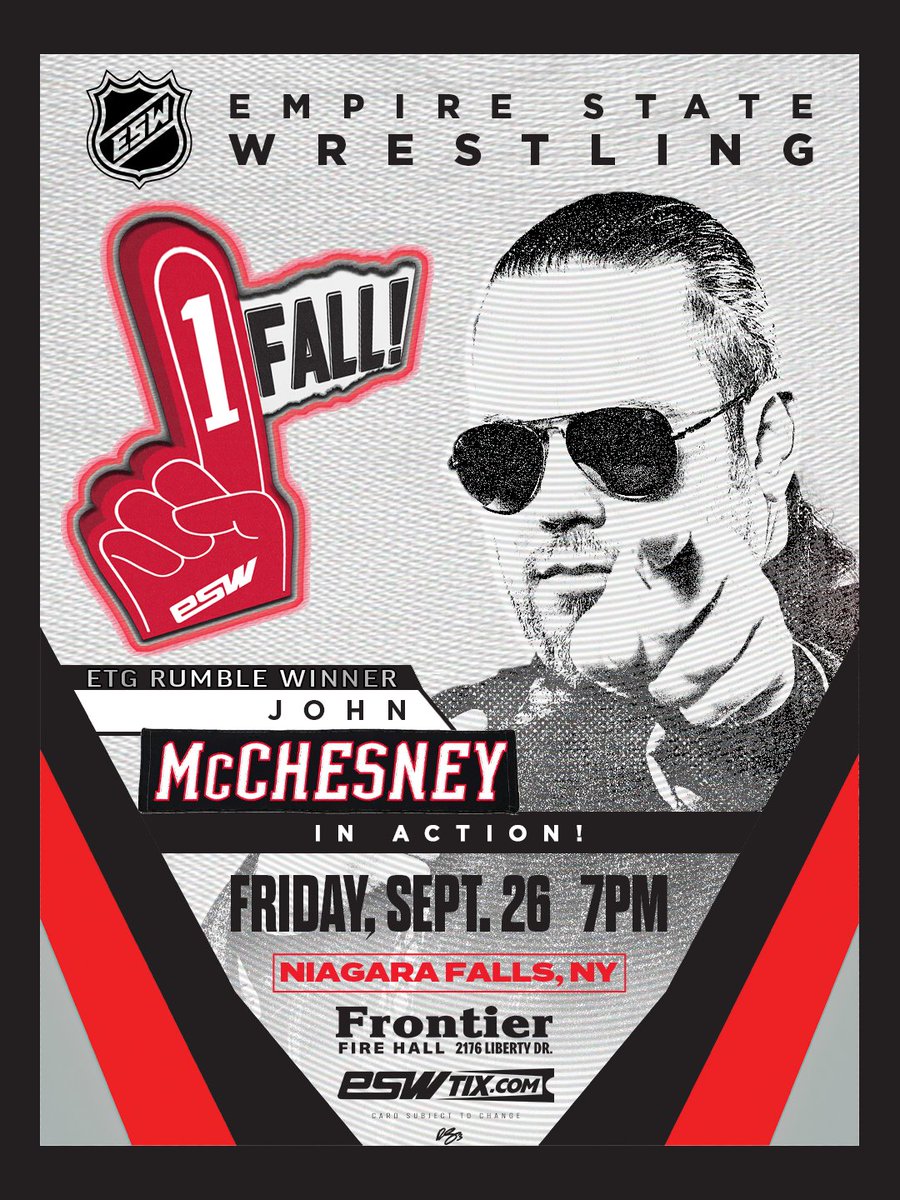 Empire State Wrestling is back in action on Friday, September 26 with #ESW1FALL! 

​2025 ETG Rumble winner John McChesney will be in action! You won't want to miss seeing what "Big League" will have in store that night.

​Get your tickets now at ESWTIX.com.