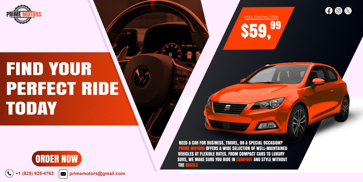 SirwizzySir's tweet photo. I designed a promotional flyer for Prime Motors, highlighting their rental services with bold visuals, clear pricing, and a modern layout. https://t.co/6z3ZFghkV2