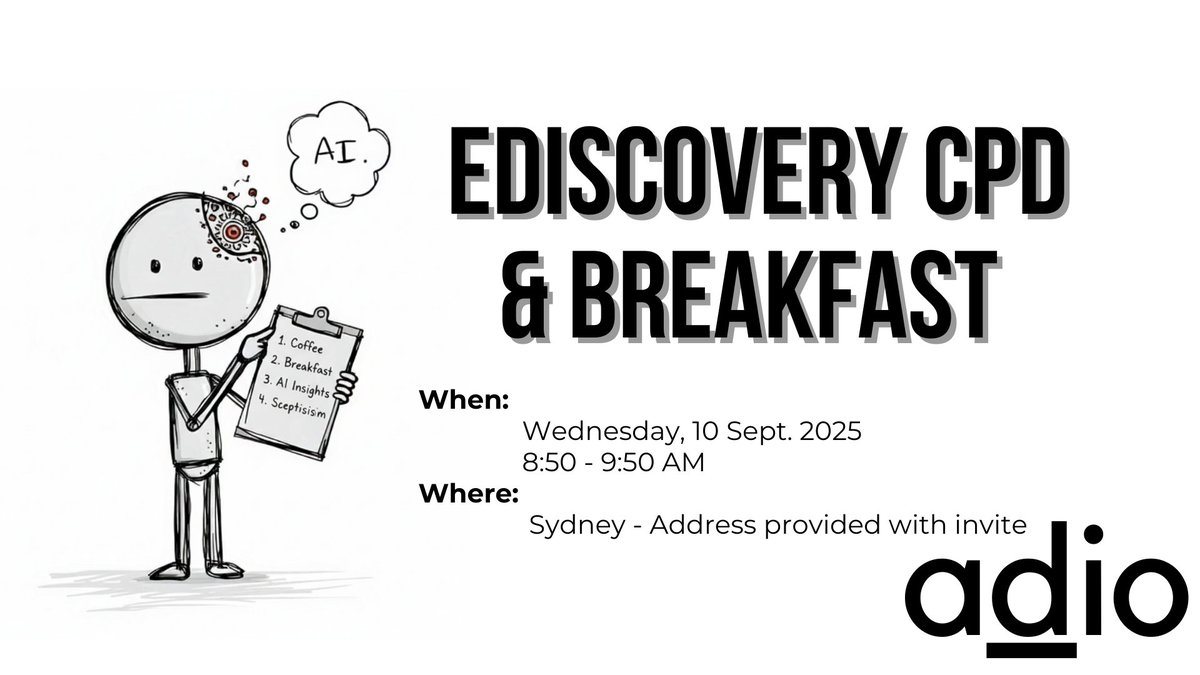 adio_edisco's tweet photo. Questions about AI in litigation/discovery? Unsure about "LLM", "TAR" and "RAG"? Interested #everlaw Deep Dive (AI Search) to find key docs?

If you're in Sydney next Wednesday, join us, grab a coffee, &amp; learn. Seats limited. Registration required: https://t.co/w5dFie54QG https://t.co/Id5ifY1z3R