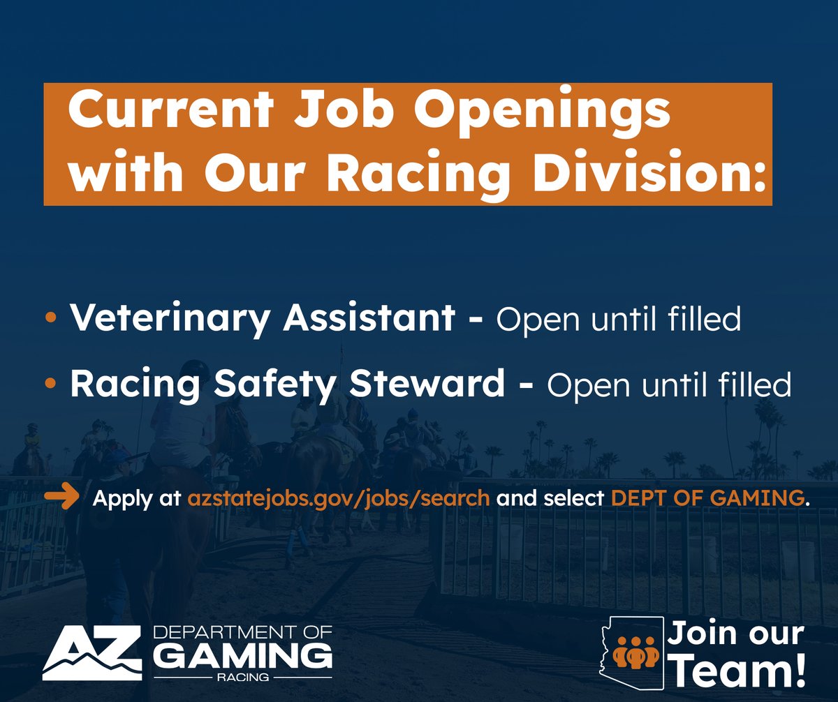📢 We're still hiring for our Racing Division!

🏇 Our current open positions include👇

🩺 Veterinary Assistant - Open until filled
🤝 Racing Safety Steward -  Open until filled

📲 Apply today: azstatejobs.gov/jobs/search ➡️ "DEPT OF GAMING".
