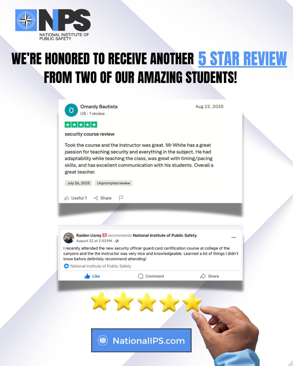 Always Thankful to receive 5 STAR reviews from our amazing students!⭐⭐⭐⭐⭐

We’re truly grateful for your trust in the National Institute of Public Safety and proud to help you start your career in public safety. 🙏

👮 Are you thinking about becoming a Security Officer in