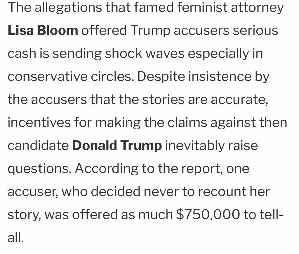 Meet Gloria Allred’s Daughter Lisa Bloom!👇🏻

Lisa Bloom arranged, "a donor to pay off one Trump accuser's mortgage and attempt[ed] to secure a six-figure payment for another woman who ultimately declined to come forward after being offered as much as $750,000."

The apple sure