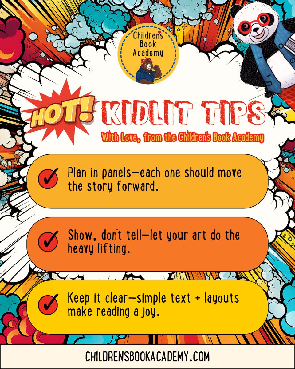 ChildrensBookAc's tweet photo. Thinking about creating a KidLit graphic novel? ✨ Here are 3 quick tips to get you started.

Want more KidLit wisdom? 🌟 Dive into courses, masterclasses, and critiques at https://t.co/d4vaWEI5j7 with Dr. Mira! 💌

#KidLit #ChildrensBooks #KidsBooks #Writing #Illustrating #GraphicNovels #WritingCommunity