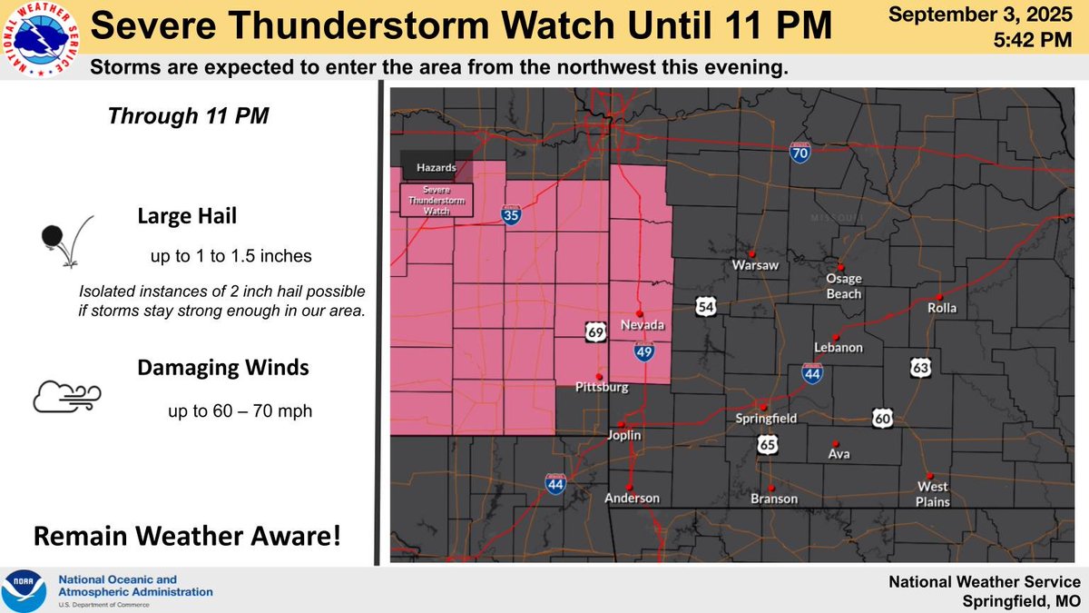 Severe Thunderstorm Watch has been issued for Bourbon, Vernon, Crawford, and Barton Counties, in effect through 11 PM. The main hazards are large hail up to quarter to half dollar size, though isolated instances of up to 2 inch hail could occur if storms stay strong in our area.