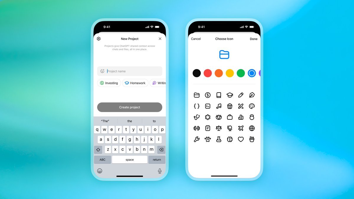 aigclink's tweet image. OpenAI昨晚放开了ChatGPT Projects功能，可以免费用

另加了三个新功能：
1、每个项目文件上传的数量增加了，
免费用户最多5个
Plus用户最多25个
Pro/Business/Enterprise用户最多40个

2、可选择颜色和图标
3、项目记忆可控制，使上下文更精细

网页和安卓已上线，iOS后续更新

#ChatGPTProjects