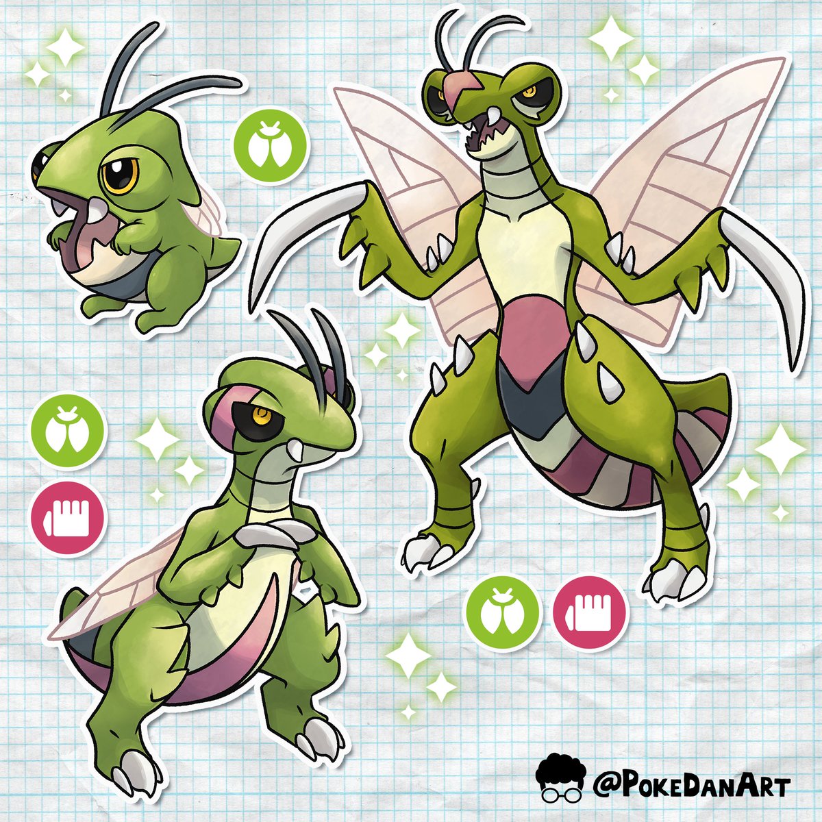 Convergent Gible, Gabite and Garchomp! 🦗👊 Inspired by the Praying Mantis and by the beta Garchomp line!

They are now available for adoption! 

#Pokemon #Fakemon #Art