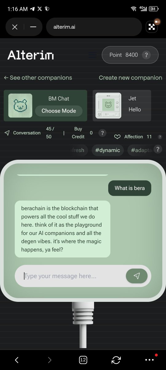 🐻Excited about <a href="/Alterim_ai/">Alterim</a>
! Transform your NFTs, memes, or favorite JPEGs into living, evolving AI companions with #BuiltOnAlterim. No coding needed—just creativity! Deploy your unique AI to Telegram, Discord, &amp; more, powered by Berachain's smart wallets.  #AI #Web3 #AlterimAI