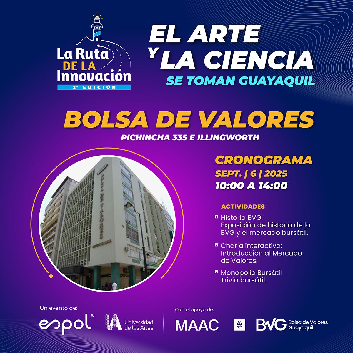 CarlosMonsalveA's tweet image. La @BVGEcuador se une a la Ruta de la Innovación organizada por @espol y @uartesec Una oportunidad para aprender del mercado de valores, conocer el edificio de la Bolsa de Valores y divertirte jugando. #ESPOLInnova #ESPOLDivulga