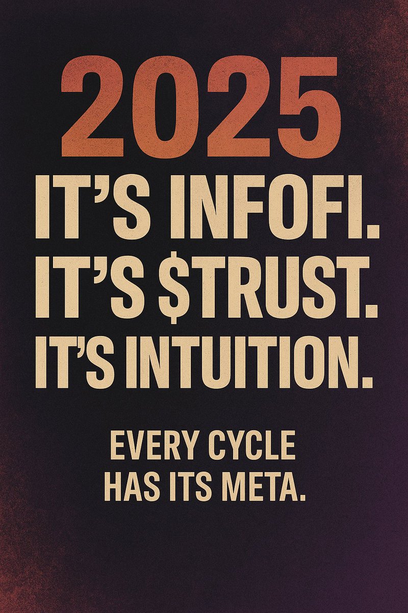 ♠️ (@munachike) on Twitter photo Every cycle in crypto has its meta:
2017 → ICOs
2020 → DeFi
2021 → NFTs
2023 → Memecoins
2025?
It’s InfoFi. It’s $TRUST. It’s Intuition.
Why? Because hype fades. But truth endures.
<a href="/0xIntuition/">Intuition 👁️</a> is building the decentralized knowledge graph — turning facts, reputations, and Every cycle in crypto has its meta:
2017 → ICOs
2020 → DeFi
2021 → NFTs
2023 → Memecoins
2025?
It’s InfoFi. It’s $TRUST. It’s Intuition.
Why? Because hype fades. But truth endures.
<a href="/0xIntuition/">Intuition 👁️</a> is building the decentralized knowledge graph — turning facts, reputations, and