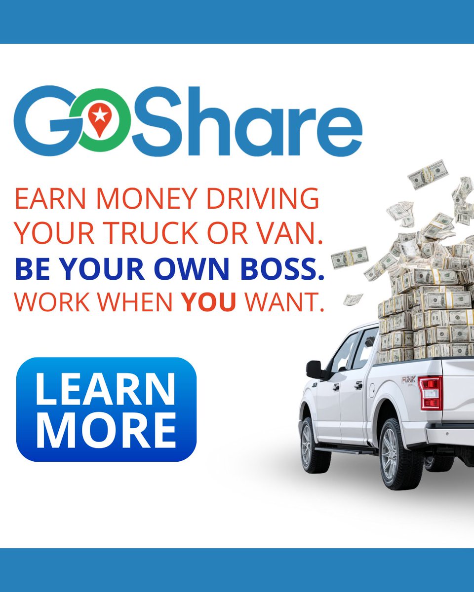 Become a GoShare delivery pro to earn money with your pickup truck, cargo van or box truck!

🗓️Flexible schedule
✅Accept only the deliveries you want
💰Get paid quickly &amp; conveniently

Sign up &amp; see why thousands of drivers love using the GoShare platform goshare.co/drivers/