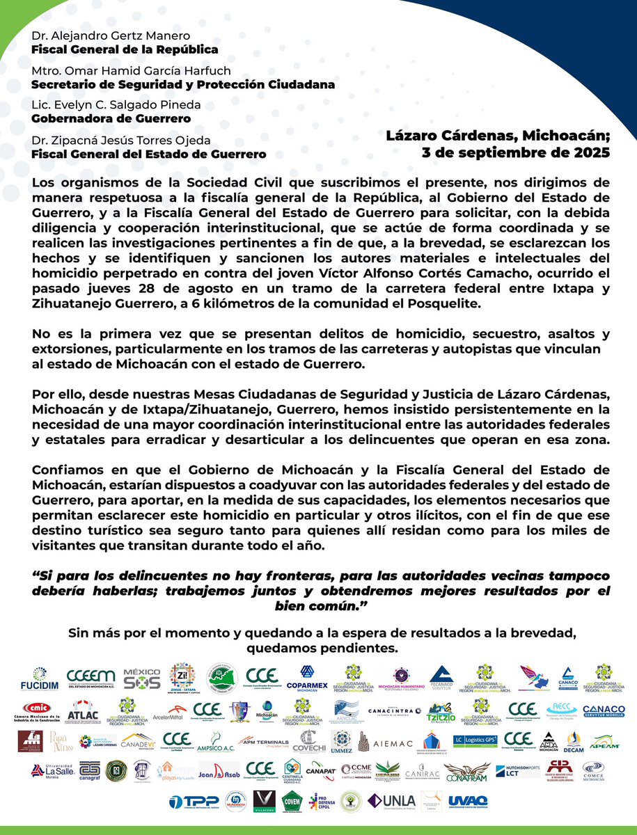 Pronunciamiento de la sociedad civil hacia las autoridades de seguridad del <a href="/GobiernoMX/">Gobierno de México</a> y Gobierno del Estado de Guerrero.