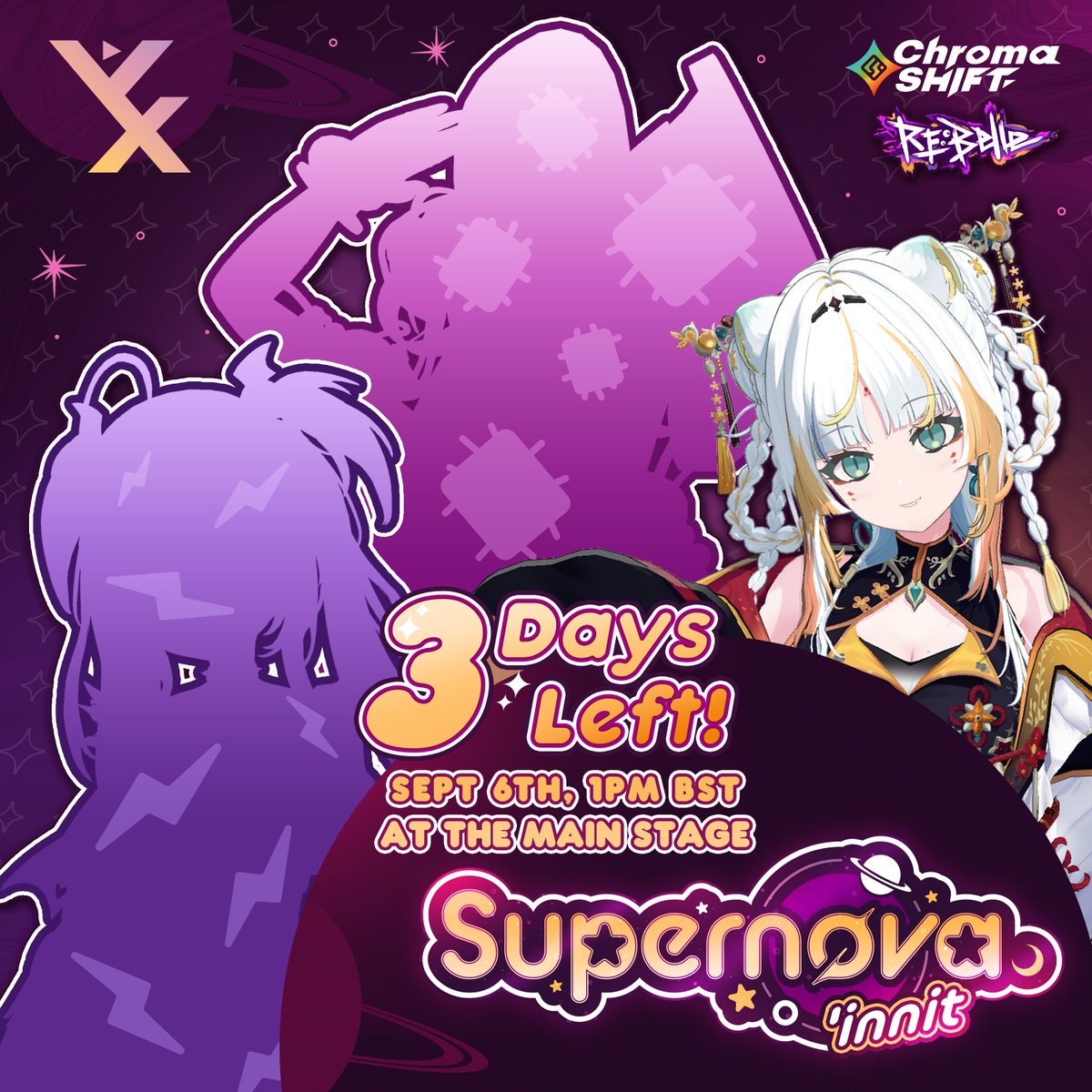 Only 3 days left until our 3D concert, Supernova 'innit! Catch us at <a href="/Vtuber_Expo/">VeXpo!</a> on September 6th at 1PM BST on the Main Stage! 🪐