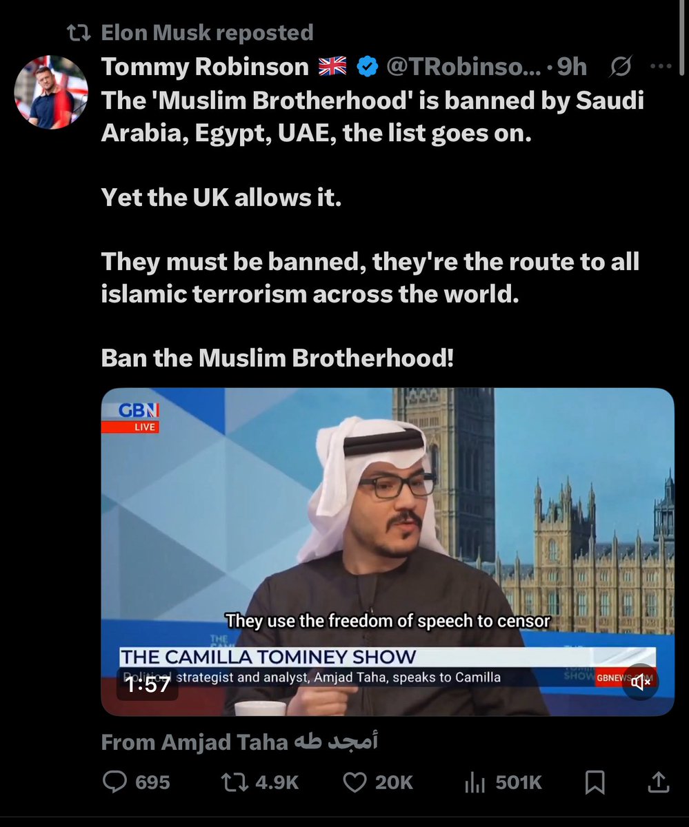 BREAKING:

<a href="/elonmusk/">Elon Musk</a> has just called for the Muslim Brotherhood to be BANNED.

This is an incredible development.

We need the Trump administration to designate the Muslim Brotherhood as a terrorist organization. It’s already designated in the UAE and Saudi Arabia, but not here