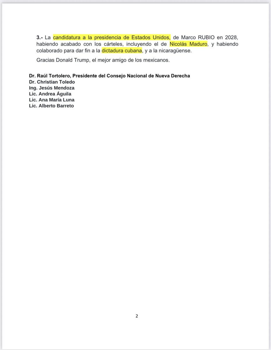 raultortolero1's tweet photo. -COMUNICADO DE PRENSA-
 
“HISTÓRICO INICIO DEL FIN DE LOS CÁRTELES NARCOTERRORISTAS: 
GRACIAS TRUMP”
CONSEJO NACIONAL DE NUEVA DERECHA
 
Ciudad de México, a 3 de septiembre de 2025

• Sheinbaum, obligada a colaborar, se desembarazaría del más nefasto obradorismo 
• Voto latino: Reducirlos a migajas lanzará a Marco Rubiofuerte a la Presidencia de EU en 2028
• García Harfuch podría capitalizar este cambio histórico para el 2030

EN VIDEO:
https://t.co/nqJGMC0ucH

------

@RicardoBSalinas
@Excelsior
@DerechaDiarioMX
@gaceta_es
@DesdeLaFeMx
@proceso
@adn40
@El_Universal_Mx
@diario24horas
@AtypicalTeve
@revistaetcetera
@rubengluengas
@Reforma
@Milenio
@isabelcuervo
@PanAmPost_es
@ReutersLatam
@AP
@eleconomista
@CodigoMagentaMx
@LPOmx 
@realDonaldTrump
@beltrandelrio
@samueladriang
@RicardoAlemanMx
@LuisCardenasMx
@IglesiaMexico
@IrvingPineda
@JoseCardenas1
@LillyTellez
@estarc62
@RealArturoH
@qz_emi
@YquevivaCristo1
@bereaguilarv
@ValentinaForUSA
@SecRubio
@DeputySecState
@JorgeRoHe
@realCarola2Hope