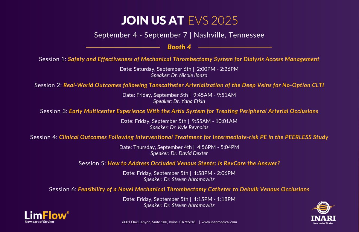 InariMedical's tweet image. We’re live at #EVS25 in Nashville!

Visit us at Booth #4 to experience the latest in vascular innovation — featuring #LimFlow, #InThrill, and #Artix — designed to improve outcomes in vascular disease cases.

Join these abstract presentations for conversations about:
• Dialysis…